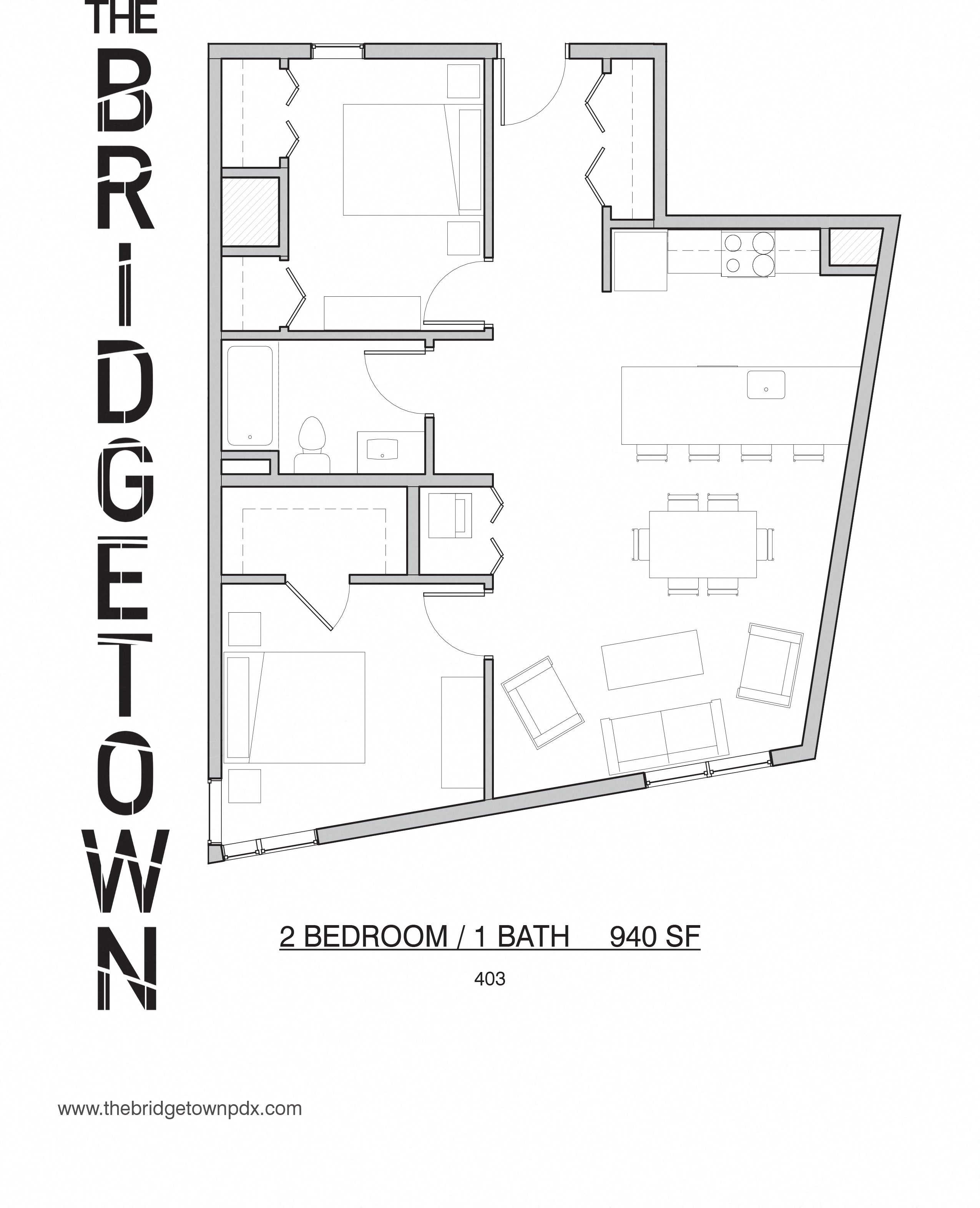 Floor plan for 2 beds, 1 bath, 940 sqft